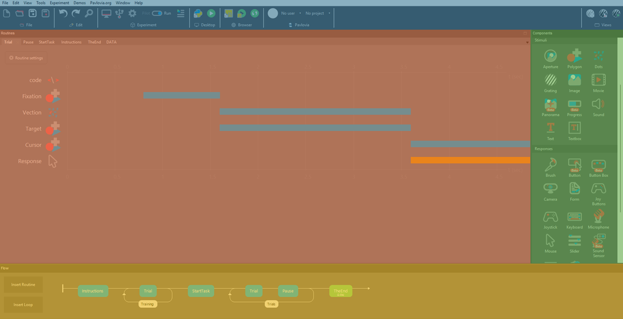 Identificação das diferentes zonas na interface gráfica do PsychoPy (Janela 'Builder')