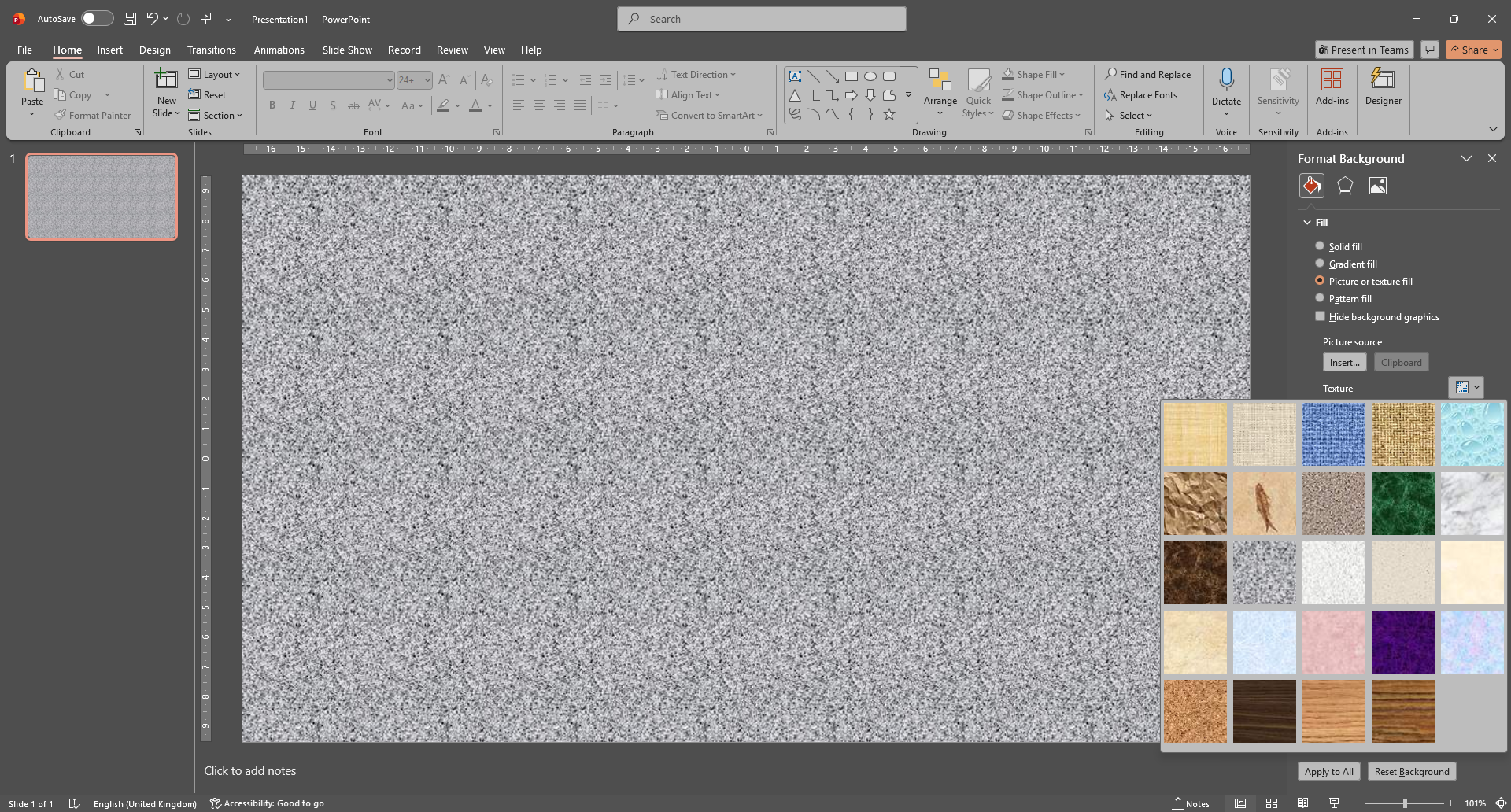 PowerPoint window with the 'Format Background' pane open and the texture menu visible.