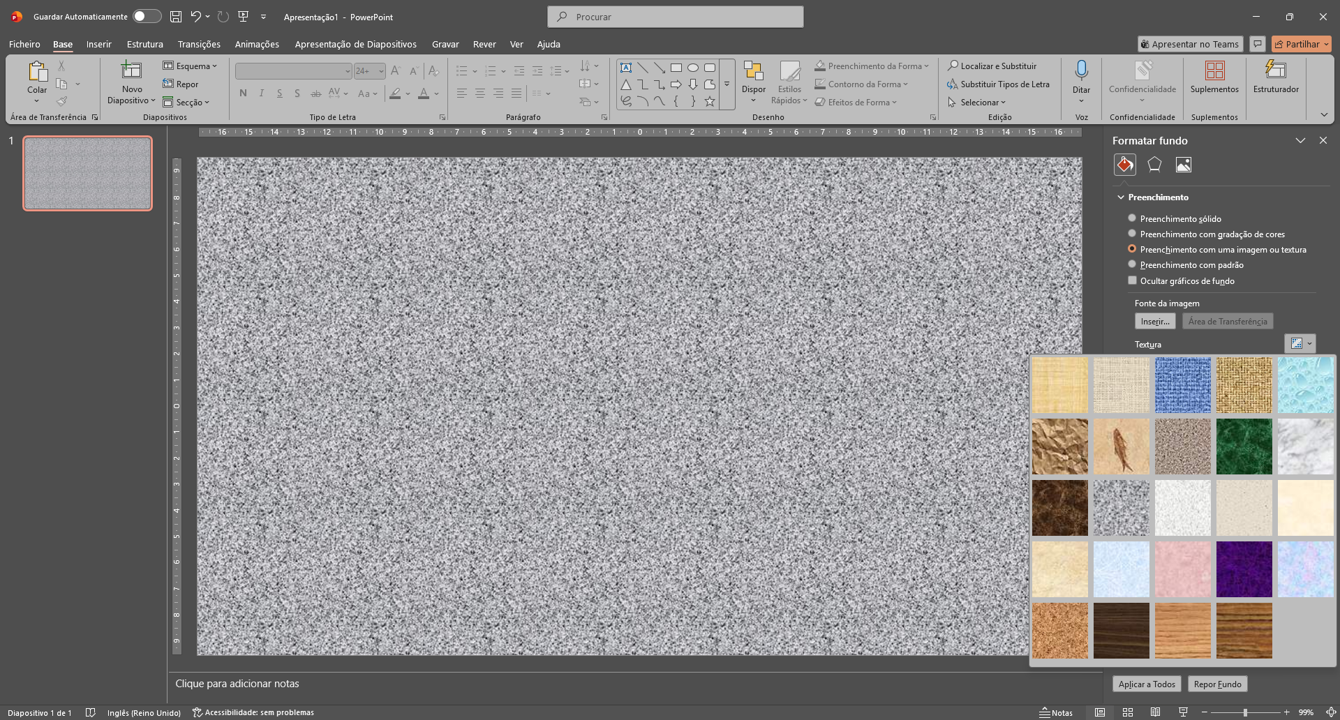 Janela do PowerPoint com menu 'Formatar Fundo' activo e menu de texturas visível