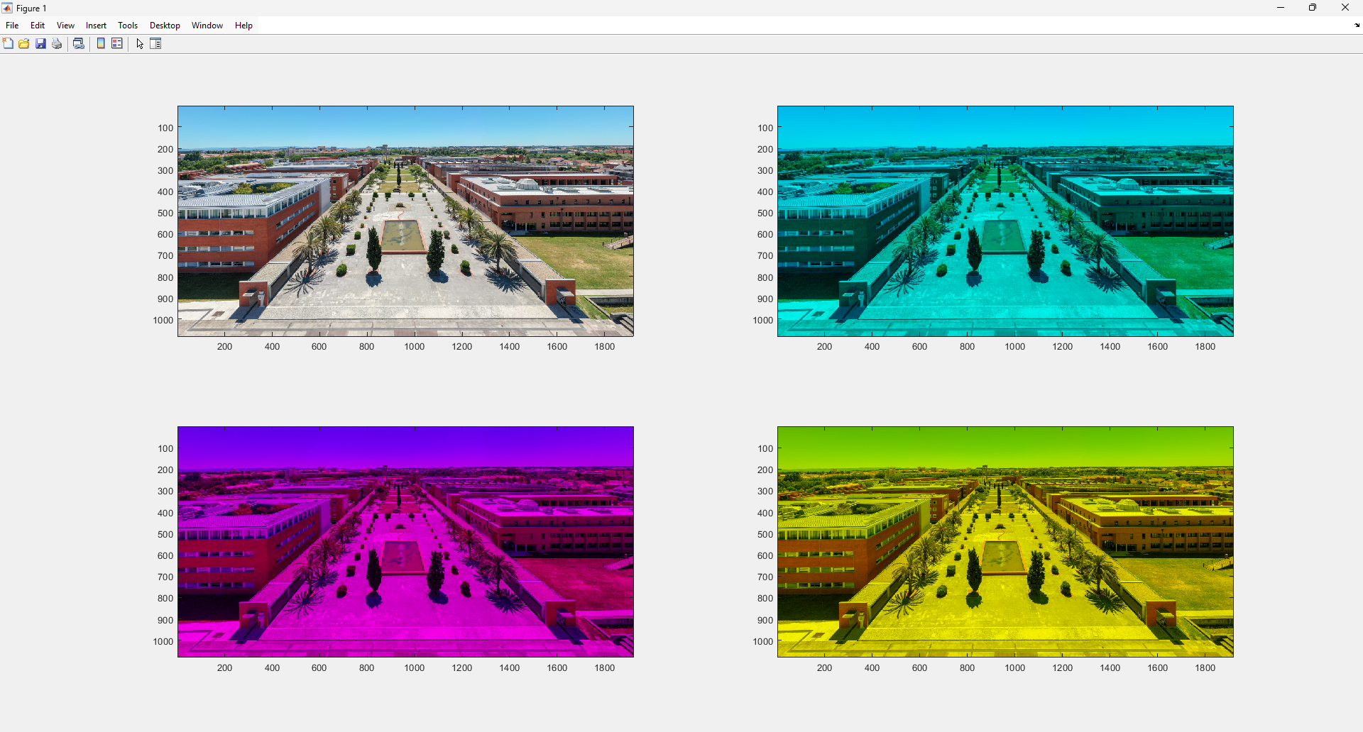 Result displayed in the MATLAB window for Exercise 3: A photograph in its original form and with the red, green, and blue channels removed