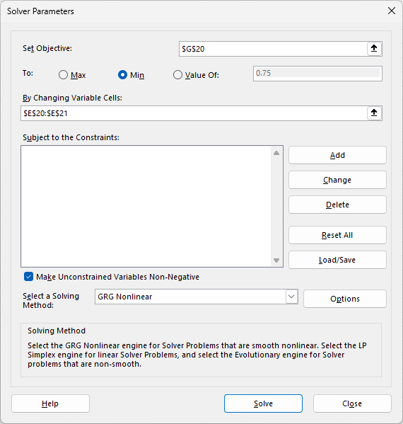 Solver window in Microsoft Excel