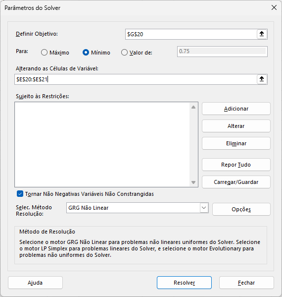 Janela do Solver no Microsoft Excel